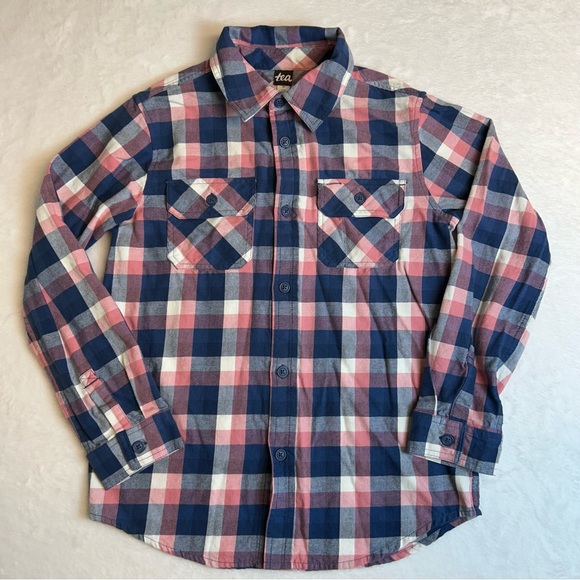 Tea Collection Blue and Pink Lightweight Flannel Button Down‎ Shirt Size 14 - Picture 1 of 7